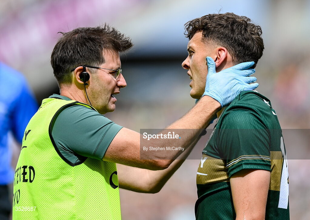 26 July 2026; David Clifford of Kerry receives medical attention from chartered physiotherapist Paudie McQuinn during the GAA Football All-Ireland Senior Championship final match between Kerry and Mayo at Croke Park in Dublin. Photo by Stephen McCarthy/Sportsfile