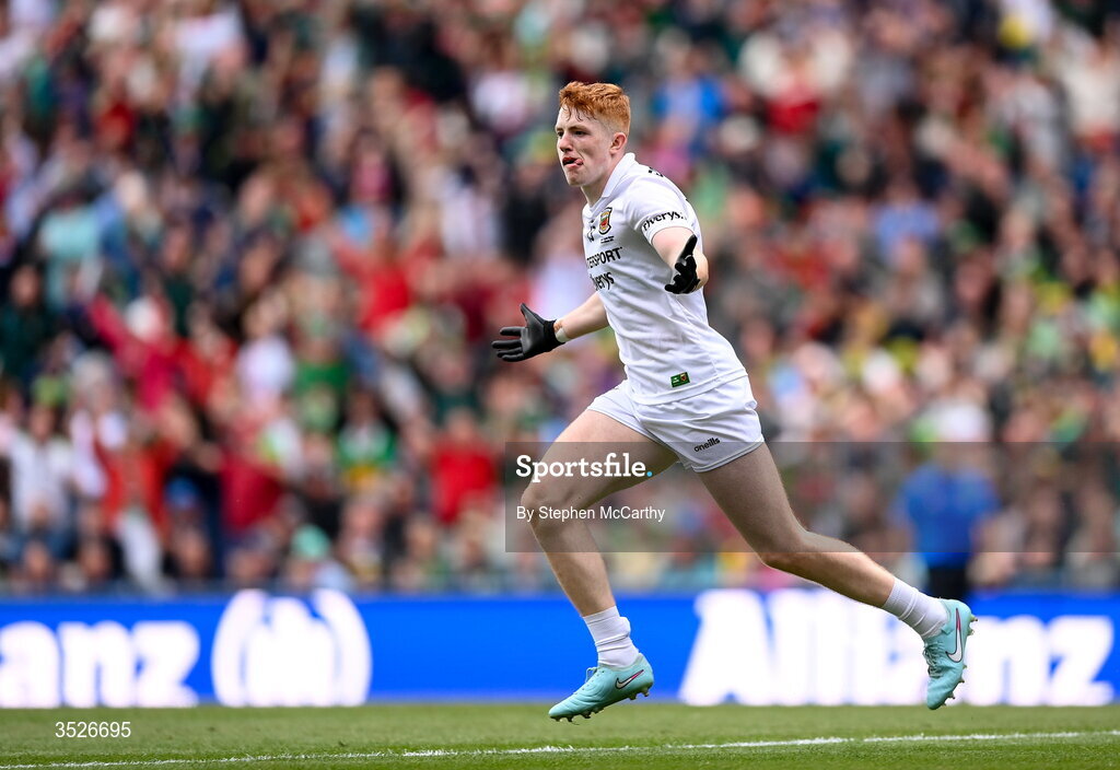 26 July 2026; Darragh Beirne of Mayo celebrates after scoring his side's first goal during the GAA Football All-Ireland Senior Championship final match between Kerry and Mayo at Croke Park in Dublin. Photo by Stephen McCarthy/Sportsfile