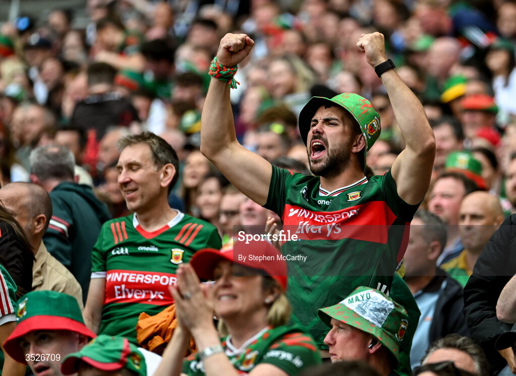 26 July 2026; A Mayo supporter celebrates during the GAA Football All-Ireland Senior Championship final match between Kerry and Mayo at Croke Park in Dublin. Photo by Stephen McCarthy/Sportsfile