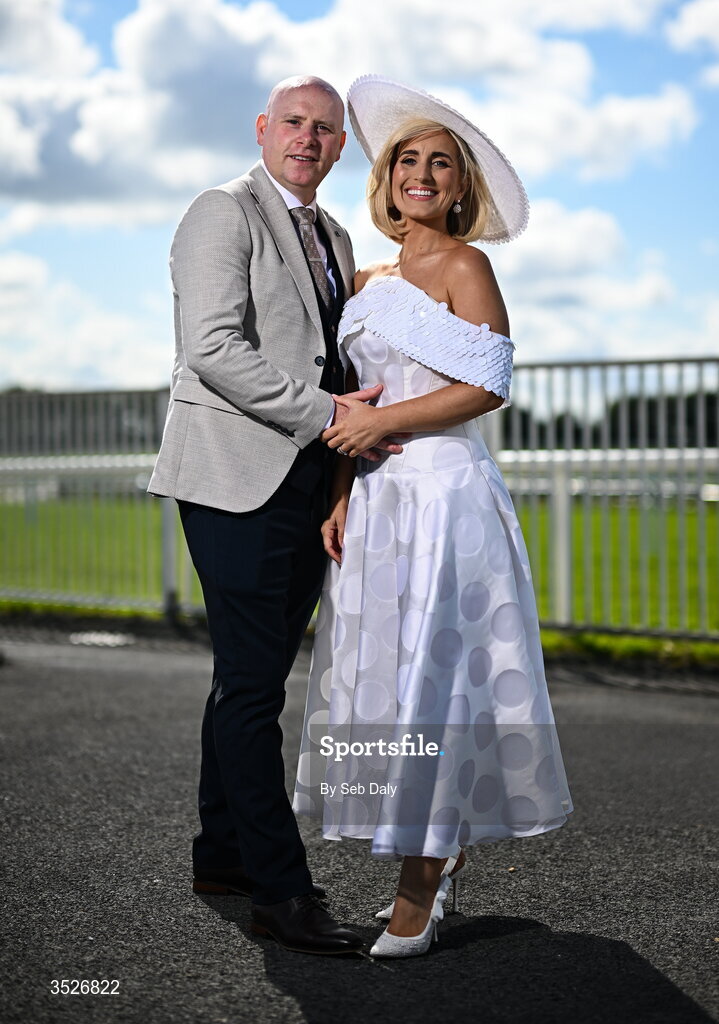30 July 2026; Racegoers Micheál Jones and Charlene Fox, from Enniscrone, Sligo, during day four of the Galway Races Summer Festival at Ballybrit Racecourse in Galway. Photo by Seb Daly/Sportsfile