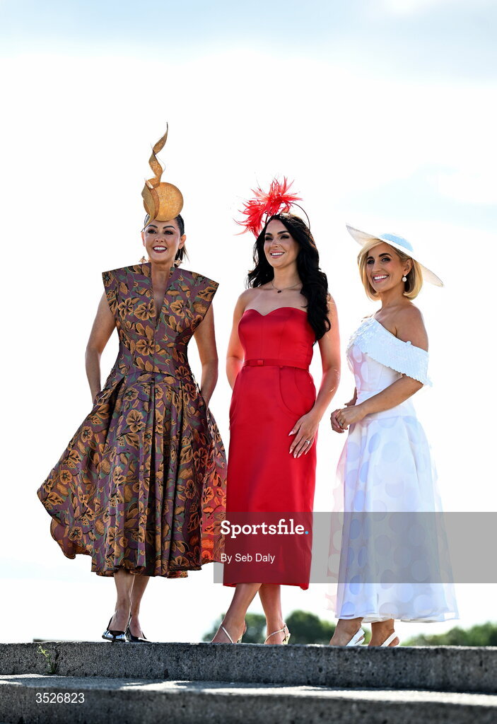 30 July 2026; Racegoers, from left, Mandy Maher, from Galway, Laura Fox, from Galway, and Charlene Flanagan, from Enniscrone, Sligo, on day four of the Galway Races Summer Festival at Ballybrit Racecourse in Galway. Photo by Seb Daly/Sportsfile