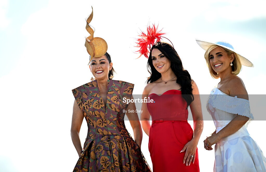 30 July 2026; Racegoers, from left, Mandy Maher, from Galway, Laura Fox, from Galway, and Charlene Flanagan, from Enniscrone, Sligo, on day four of the Galway Races Summer Festival at Ballybrit Racecourse in Galway. Photo by Seb Daly/Sportsfile