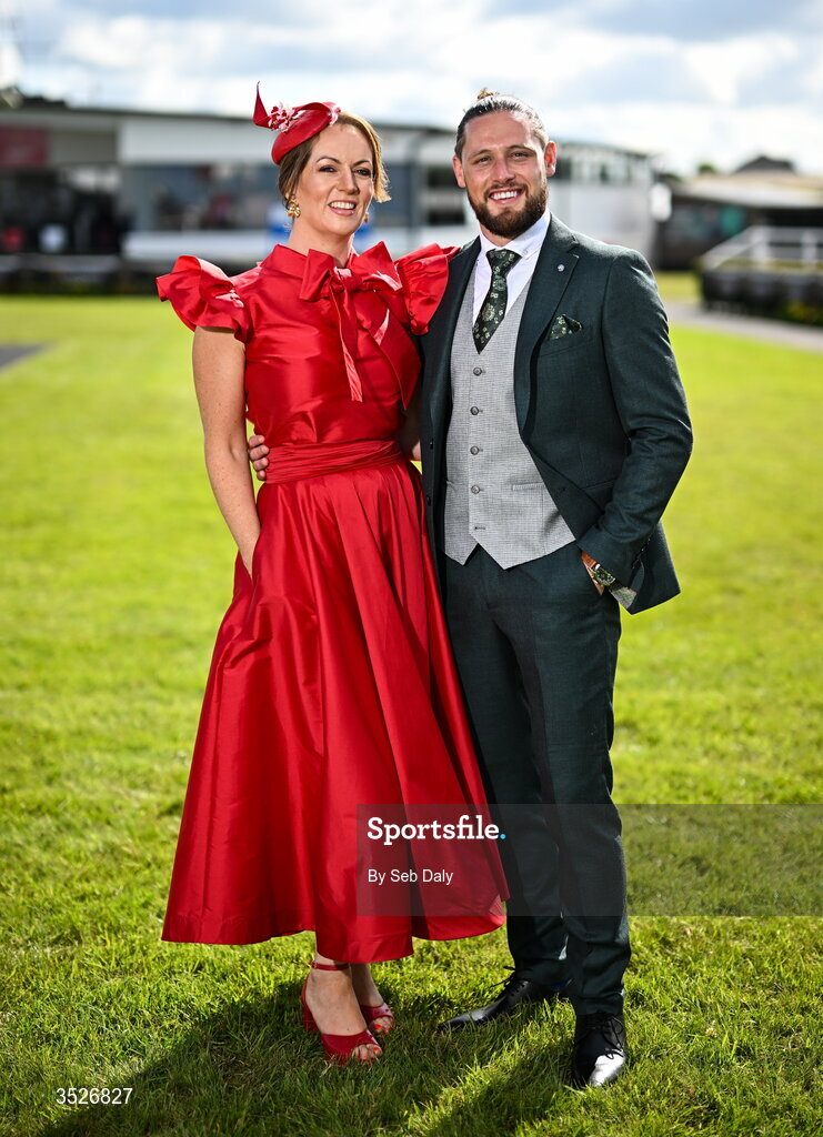 30 July 2026; Racegoers Niamh O'Grady and former Mayo inter-county footballer Pádraig O’Hora, from Ballina, Mayo, during day four of the Galway Races Summer Festival at Ballybrit Racecourse in Galway. Photo by Seb Daly/Sportsfile