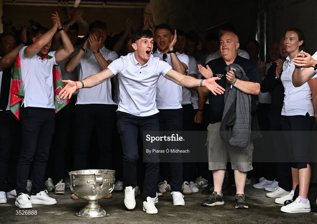 27 July 2026; Mayo captain Jack Coyne with the Sam Maguire Cup during the homecoming celebrations of the All-Ireland Senior Football Champions at Hastings Insurance MacHale Park in Castlebar, Mayo. Photo by Piaras Ó Mídheach/Sportsfile