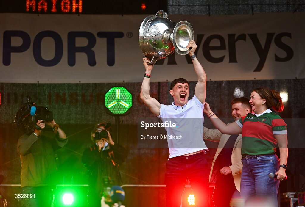 27 July 2026; Mayo captain Jack Coyne with the Sam Maguire Cup during the homecoming celebrations of the All-Ireland Senior Football Champions at Hastings Insurance MacHale Park in Castlebar, Mayo. Photo by Piaras Ó Mídheach/Sportsfile