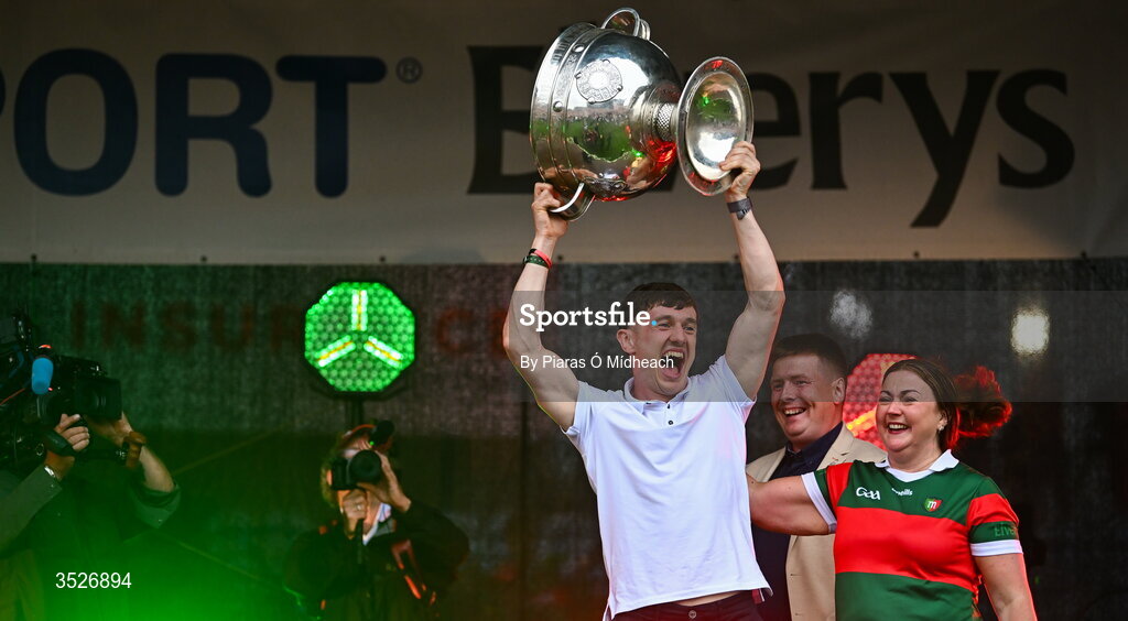 27 July 2026; Mayo captain Jack Coyne with the Sam Maguire Cup during the homecoming celebrations of the All-Ireland Senior Football Champions at Hastings Insurance MacHale Park in Castlebar, Mayo. Photo by Piaras Ó Mídheach/Sportsfile