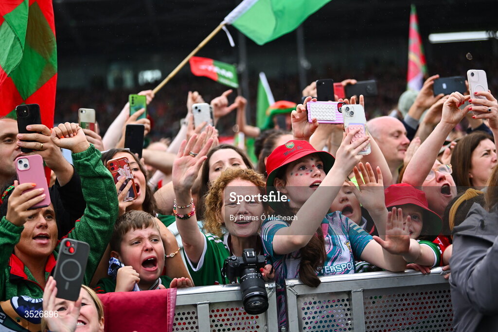 27 July 2026; Supporters during the homecoming celebrations of the All-Ireland Senior Football Champions at Hastings Insurance MacHale Park in Castlebar, Mayo. Photo by Piaras Ó Mídheach/Sportsfile