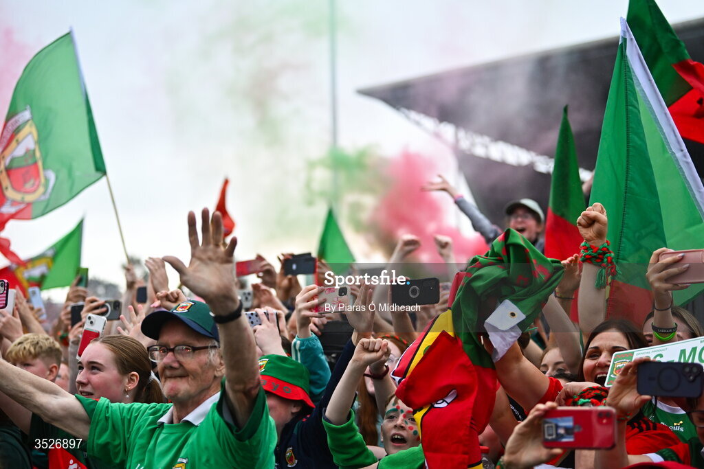 27 July 2026; Supporters during the homecoming celebrations of the All-Ireland Senior Football Champions at Hastings Insurance MacHale Park in Castlebar, Mayo. Photo by Piaras Ó Mídheach/Sportsfile
