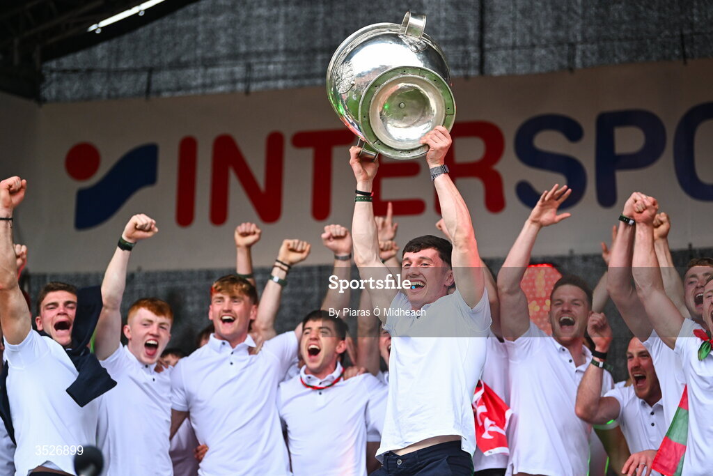 27 July 2026; Mayo captain Jack Coyne with the Sam Maguire Cup during the homecoming celebrations of the All-Ireland Senior Football Champions at Hastings Insurance MacHale Park in Castlebar, Mayo. Photo by Piaras Ó Mídheach/Sportsfile