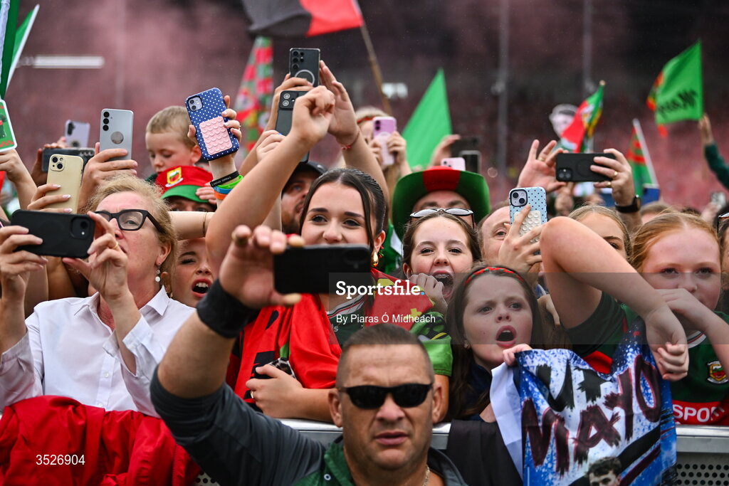 27 July 2026; Supporters during the homecoming celebrations of the All-Ireland Senior Football Champions at Hastings Insurance MacHale Park in Castlebar, Mayo. Photo by Piaras Ó Mídheach/Sportsfile
