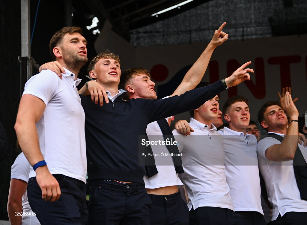 27 July 2026; Mayo footballers Aidan O'Shea, left, and Kobe McDonald during the homecoming celebrations of the All-Ireland Senior Football Champions at Hastings Insurance MacHale Park in Castlebar, Mayo. Photo by Piaras Ó Mídheach/Sportsfile