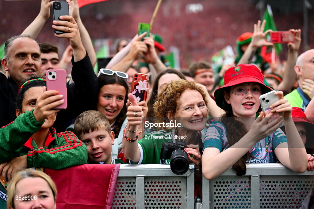 27 July 2026; Supporters during the homecoming celebrations of the All-Ireland Senior Football Champions at Hastings Insurance MacHale Park in Castlebar, Mayo. Photo by Piaras Ó Mídheach/Sportsfile