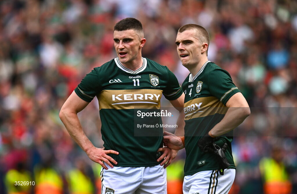 26 July 2026; Kerry players Seán O'Shea, left, and Dylan Casey after their side's defeat in the GAA Football All-Ireland Senior Championship final match between Kerry and Mayo at Croke Park in Dublin. Photo by Piaras Ó Mídheach/Sportsfile