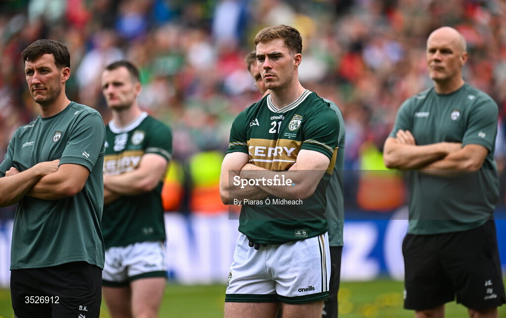 26 July 2026; Armin Heinrich of Kerry after his side's defeat in the GAA Football All-Ireland Senior Championship final match between Kerry and Mayo at Croke Park in Dublin. Photo by Piaras Ó Mídheach/Sportsfile