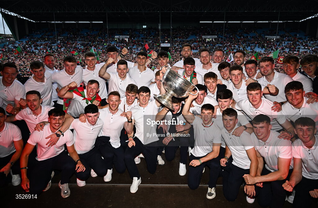 27 July 2026; Mayo players during the homecoming celebrations of the All-Ireland Senior Football Champions at Hastings Insurance MacHale Park in Castlebar, Mayo. Photo by Piaras Ó Mídheach/Sportsfile