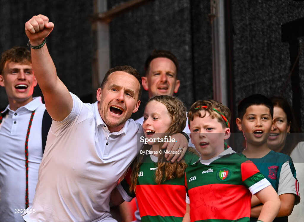 27 July 2026; Mayo manager Andy Moran with his children Charlotte and Ollie during the homecoming celebrations of the All-Ireland Senior Football Champions at Hastings Insurance MacHale Park in Castlebar, Mayo. Photo by Piaras Ó Mídheach/Sportsfile
