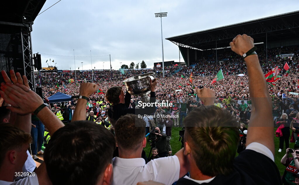 27 July 2026; Mayo footballer Kobe McDonald lifts the Sam Maguire Cup during the homecoming celebrations of the All-Ireland Senior Football Champions at Hastings Insurance MacHale Park in Castlebar, Mayo. Photo by Piaras Ó Mídheach/Sportsfile