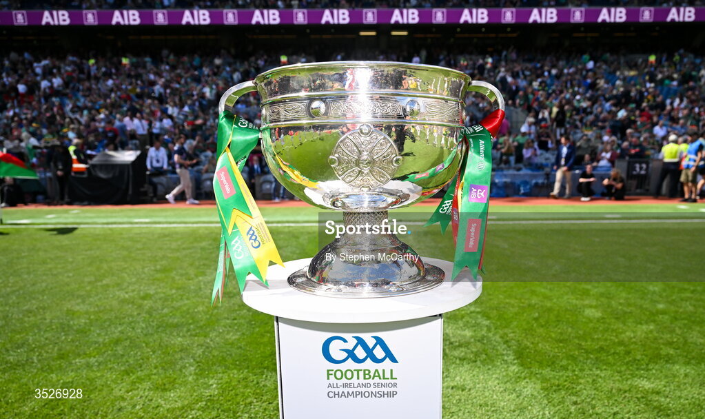 26 July 2026; The Sam Maguire Cup before the GAA Football All-Ireland Senior Championship final match between Kerry and Mayo at Croke Park in Dublin. Photo by Stephen McCarthy/Sportsfile
