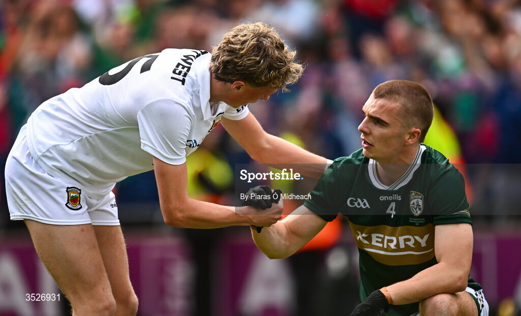 26 July 2026; Kobe McDonald of Mayo with Dylan Casey of Kerry after the GAA Football All-Ireland Senior Championship final match between Kerry and Mayo at Croke Park in Dublin. Photo by Piaras Ó Mídheach/Sportsfile