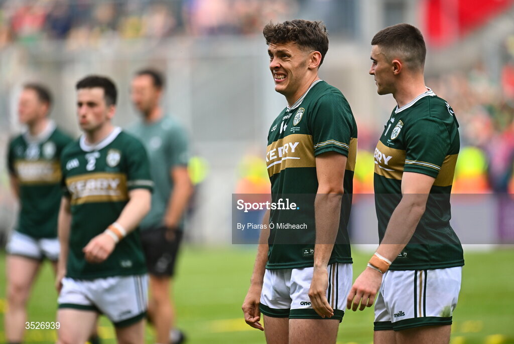 26 July 2026; Kerry footballers David Clifford and Seán O'Shea, right, leave the pitch after defeat in the GAA Football All-Ireland Senior Championship final match between Kerry and Mayo at Croke Park in Dublin. Photo by Piaras Ó Mídheach/Sportsfile