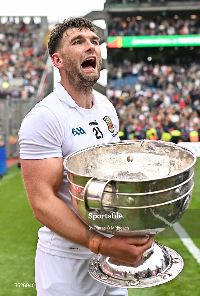 26 July 2026; Aidan O'Shea of Mayo with the Sam Maguire Cup after victory in the GAA Football All-Ireland Senior Championship final match between Kerry and Mayo at Croke Park in Dublin. Photo by Piaras Ó Mídheach/Sportsfile
