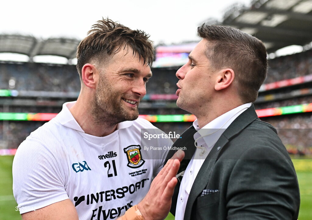 26 July 2026; Aidan O'Shea of Mayo celebrates with former team-mate Lee Keegan after victory in the GAA Football All-Ireland Senior Championship final match between Kerry and Mayo at Croke Park in Dublin. Photo by Piaras Ó Mídheach/Sportsfile