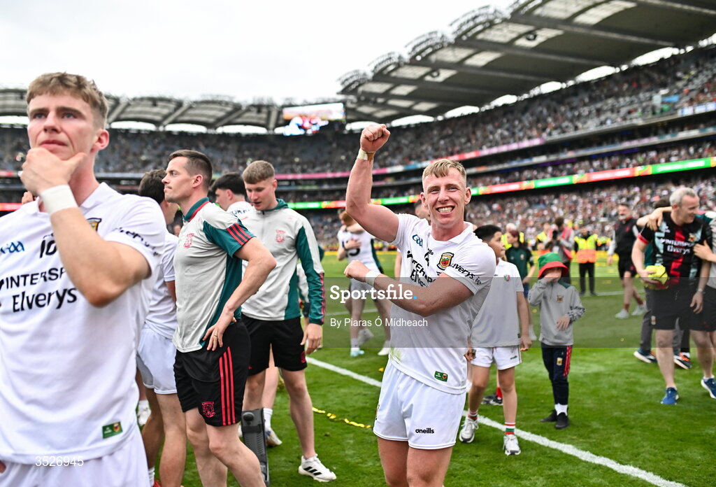 26 July 2026; Ryan O'Donoghue of Mayo celebrates after victory in the GAA Football All-Ireland Senior Championship final match between Kerry and Mayo at Croke Park in Dublin. Photo by Piaras Ó Mídheach/Sportsfile