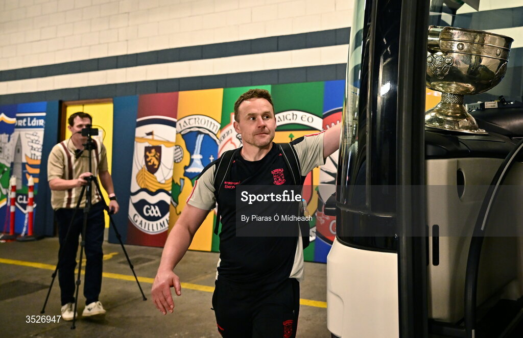 26 July 2026; Mayo manager Andy Moran looks at the Sam Maguire Cup as he prepares to board the team bus to leave Croke Park after victory in the GAA Football All-Ireland Senior Championship final match between Kerry and Mayo at Croke Park in Dublin. Photo by Piaras Ó Mídheach/Sportsfile