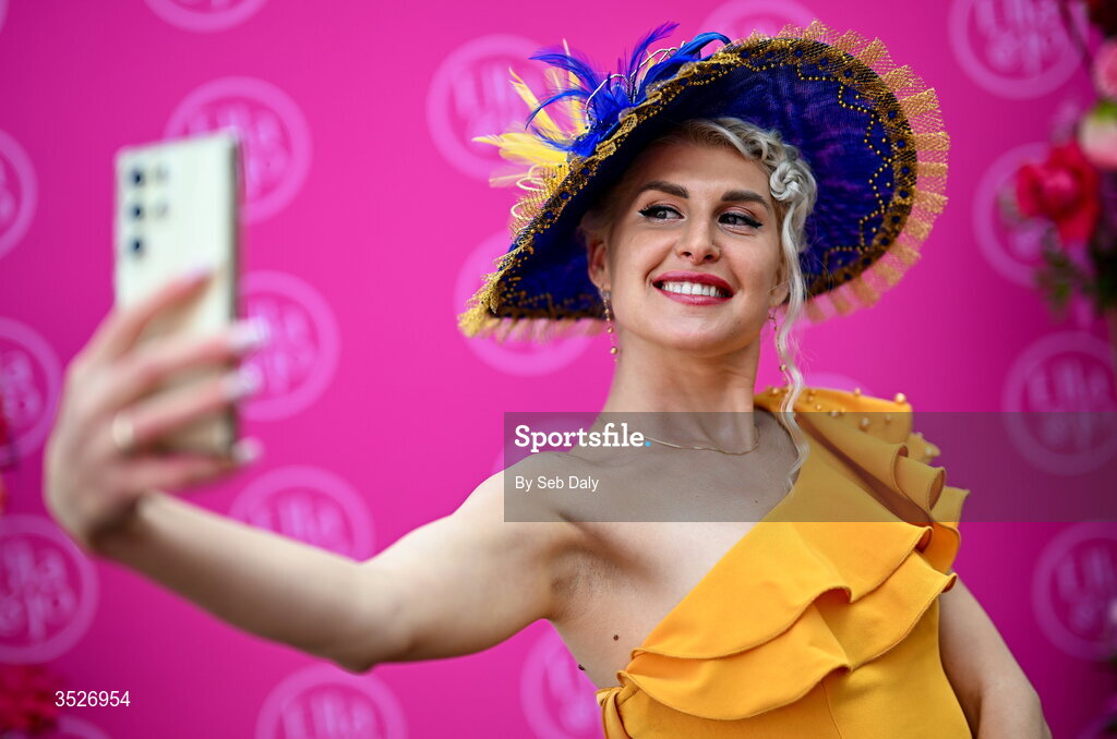 30 July 2026; Racegoer Olena Uriivna, from Ukraine, during day four of the Galway Races Summer Festival at Ballybrit Racecourse in Galway. Photo by Seb Daly/Sportsfile