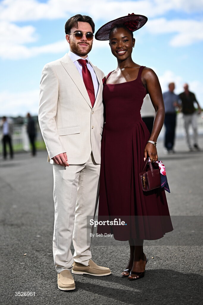 30 July 2026; Footballer Aaron Connolly, from Oranmore, Galway, and Noky Simbani, from Derby, England, during day four of the Galway Races Summer Festival at Ballybrit Racecourse in Galway. Photo by Seb Daly/Sportsfile