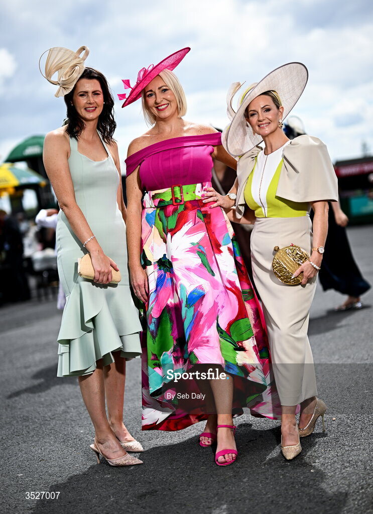 30 July 2026; Racegoers, from left, Lorraine Boyle, Edel Mather, and Sylvia Watson, from Letterkenny, Donegal, during day four of the Galway Races Summer Festival at Ballybrit Racecourse in Galway. Photo by Seb Daly/Sportsfile