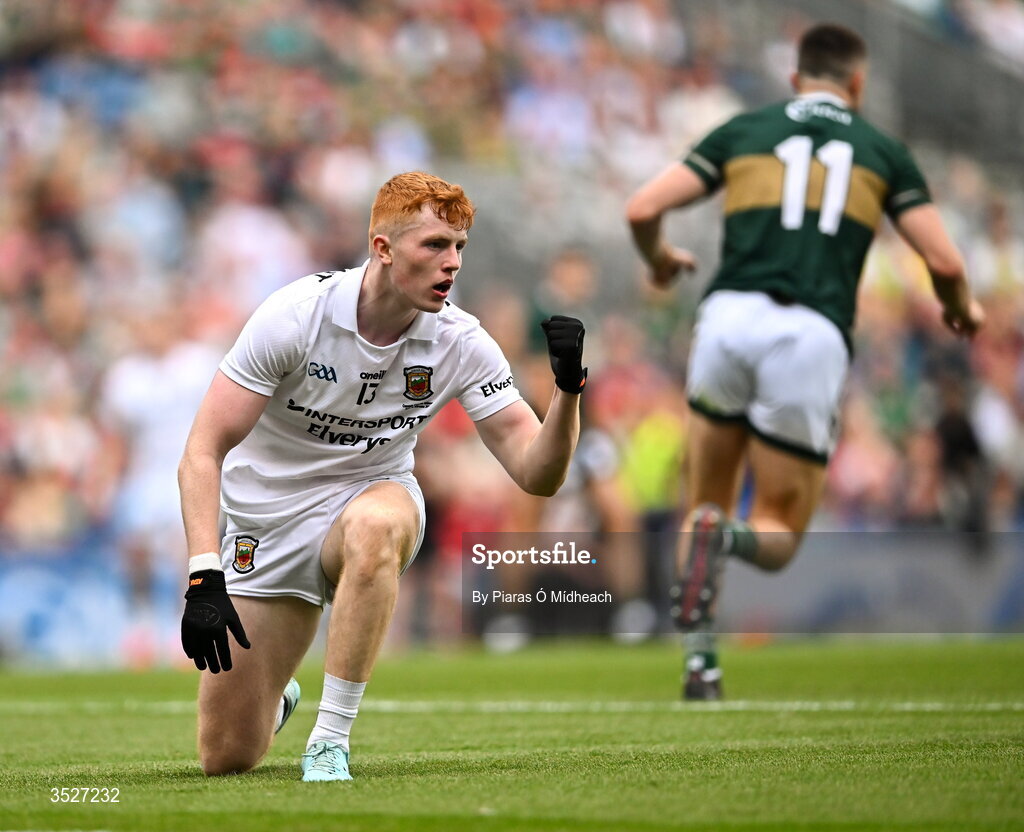 26 July 2026; Darragh Beirne of Mayo celebrates scoring a point during the GAA Football All-Ireland Senior Championship final match between Kerry and Mayo at Croke Park in Dublin. Photo by Piaras Ó Mídheach/Sportsfile