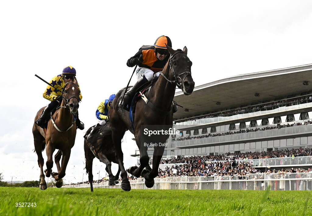 30 July 2026; Midnight Jet, right, with Darragh O'Keeffe up, on their way to winning the Guinness Novice Hurdle, from second place Roc Dino, left, with Paul Townend up, during day four of the Galway Races Summer Festival at Ballybrit Racecourse in Galway. Photo by Seb Daly/Sportsfile