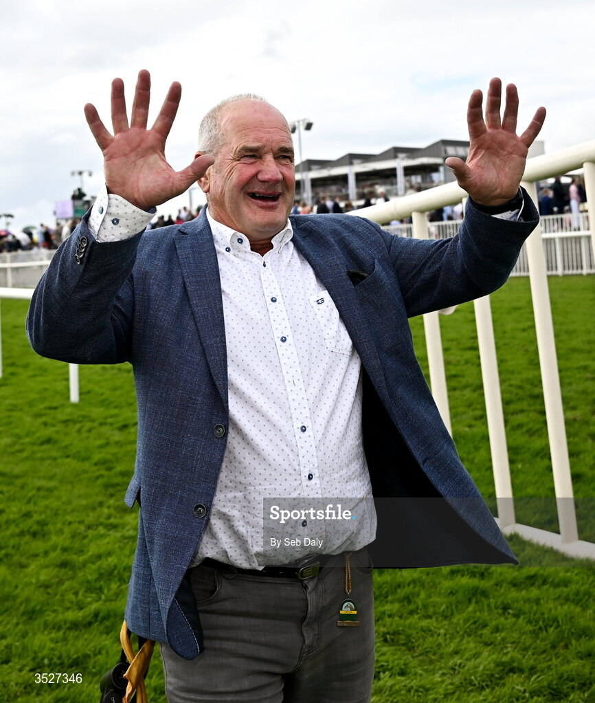 30 July 2026; Trainer Tony Martin celebrates after sending out Putapoundinthejar to win the Guinness Galway Hurdle Handicap during day four of the Galway Races Summer Festival at Ballybrit Racecourse in Galway. Photo by Seb Daly/Sportsfile