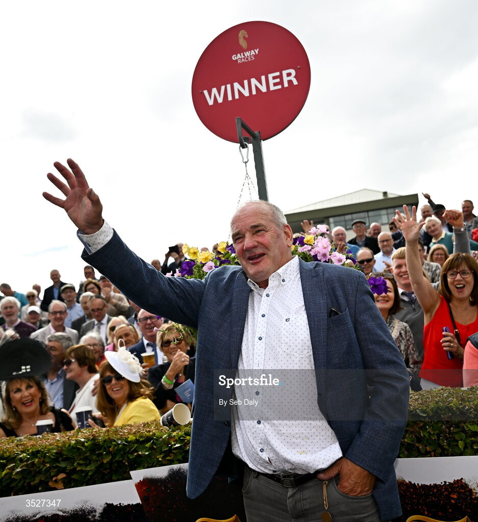 30 July 2026; Trainer Tony Martin celebrates after sending out Putapoundinthejar to win the Guinness Galway Hurdle Handicap during day four of the Galway Races Summer Festival at Ballybrit Racecourse in Galway. Photo by Seb Daly/Sportsfile