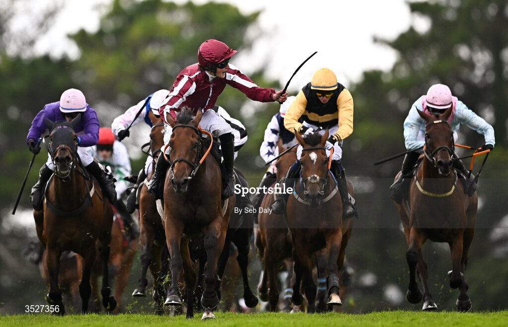 30 July 2026; Jockey Daniel King celebrates on Putapoundinthejar as they cross the line to win the Guinness Galway Hurdle Handicap during day four of the Galway Races Summer Festival at Ballybrit Racecourse in Galway. Photo by Seb Daly/Sportsfile