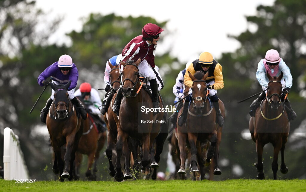 30 July 2026; Jockey Daniel King celebrates on Putapoundinthejar as they cross the line to win the Guinness Galway Hurdle Handicap during day four of the Galway Races Summer Festival at Ballybrit Racecourse in Galway. Photo by Seb Daly/Sportsfile