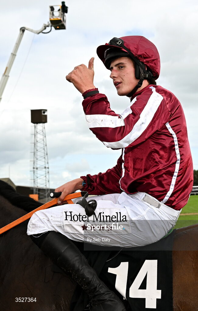 30 July 2026; Jockey Daniel King celebrates after winning the Guinness Galway Hurdle Handicap on Putapoundinthejar during day four of the Galway Races Summer Festival at Ballybrit Racecourse in Galway. Photo by Seb Daly/Sportsfile