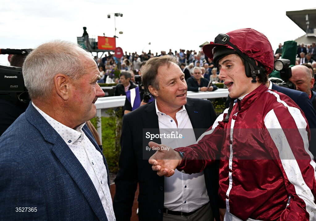 30 July 2026; Jockey Daniel King, owner Ray Grehan, centre, and trainer Tony Martin, after sending out Putapoundinthejar to win the Guinness Galway Hurdle Handicap during day four of the Galway Races Summer Festival at Ballybrit Racecourse in Galway. Photo by Seb Daly/Sportsfile