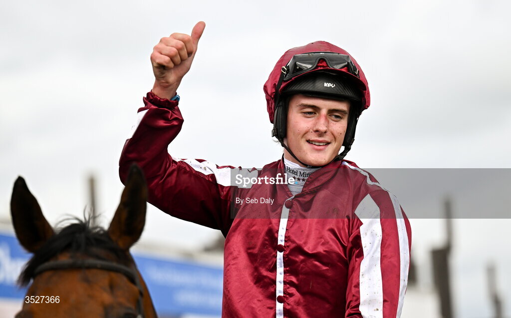 30 July 2026; Jockey Daniel King celebrates after winning the Guinness Galway Hurdle Handicap on Putapoundinthejar during day four of the Galway Races Summer Festival at Ballybrit Racecourse in Galway. Photo by Seb Daly/Sportsfile