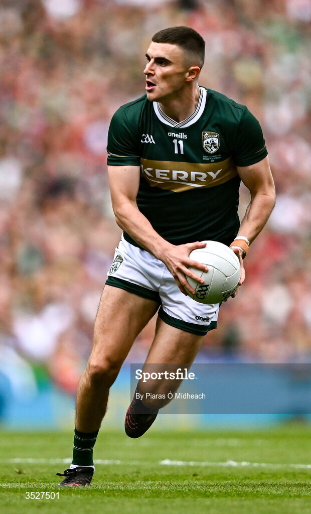 26 July 2026; Seán O'Shea of Kerry during the GAA Football All-Ireland Senior Championship final match between Kerry and Mayo at Croke Park in Dublin. Photo by Piaras Ó Mídheach/Sportsfile