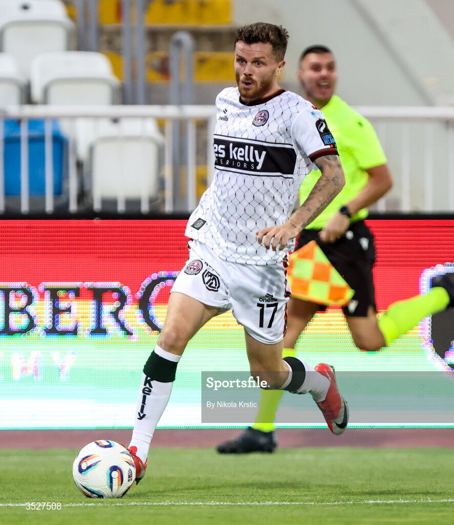 30 July 2026; Adam McDonnell of Bohemians during the UEFA Conference League Second Qualifying Round second leg match between Ballkani and Bohemians at Fadil Vokrri Stadium in Pristina, Kosovo. Photo by Nikola Krstic/Sportsfile