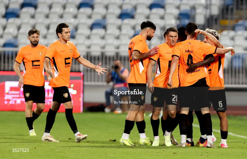 30 July 2026; Valentin Serebe of Ballkani, hidden, celebrates with team-mates after scoring their side's first goal during the UEFA Conference League Second Qualifying Round second leg match between Ballkani and Bohemians at Fadil Vokrri Stadium in Pristina, Kosovo. Photo by Nikola Krstic/Sportsfile