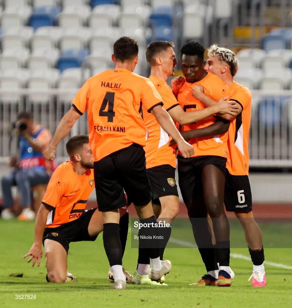 30 July 2026; Valentin Serebe of Ballkani, second from right, celebrates with team-mates after scoring their side's first goal during the UEFA Conference League Second Qualifying Round second leg match between Ballkani and Bohemians at Fadil Vokrri Stadium in Pristina, Kosovo. Photo by Nikola Krstic/Sportsfile
