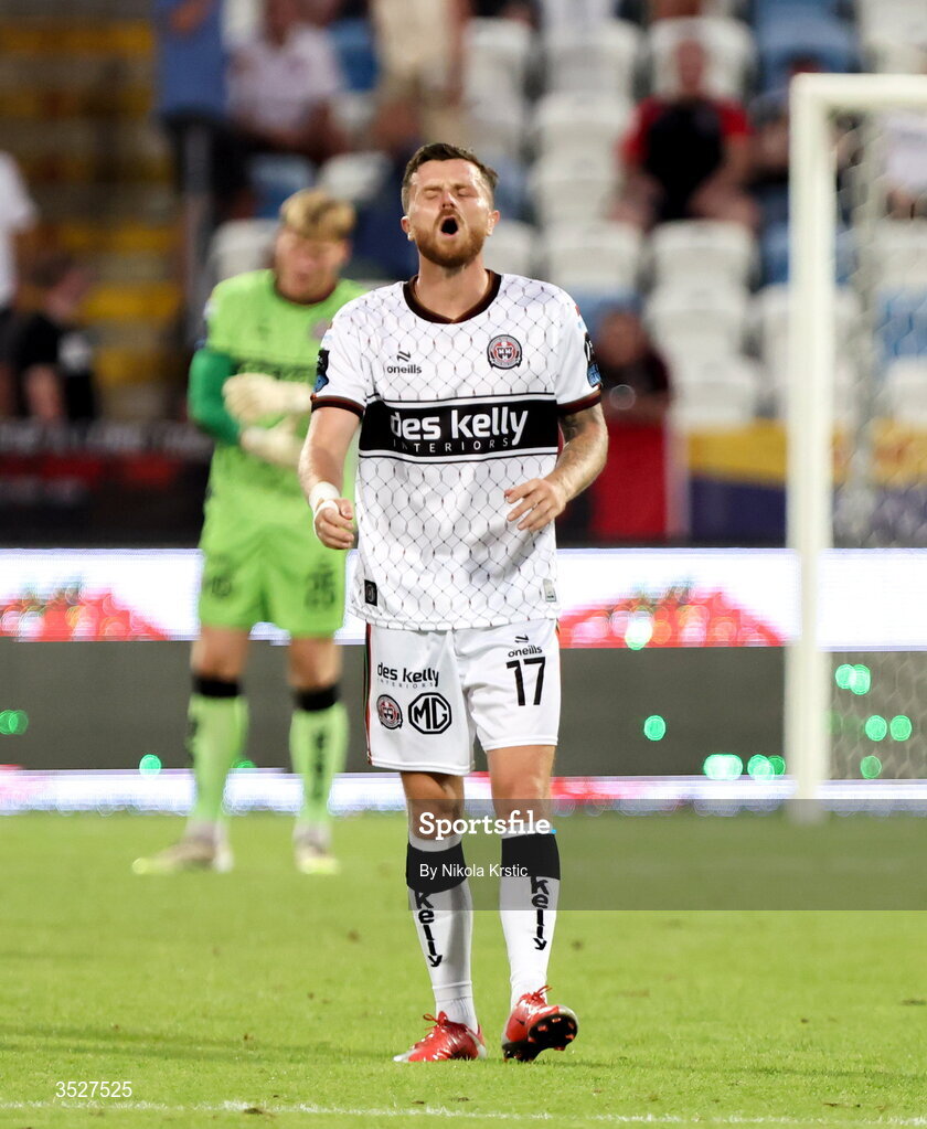 30 July 2026; Adam McDonnell of Bohemians reacts after his side concede a first goal during the UEFA Conference League Second Qualifying Round second leg match between Ballkani and Bohemians at Fadil Vokrri Stadium in Pristina, Kosovo. Photo by Nikola Krstic/Sportsfile
