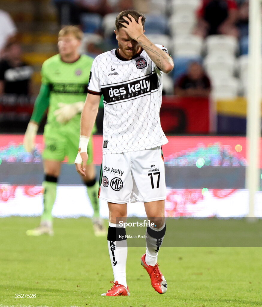 30 July 2026; Adam McDonnell of Bohemians reacts after his side concede a first goal during the UEFA Conference League Second Qualifying Round second leg match between Ballkani and Bohemians at Fadil Vokrri Stadium in Pristina, Kosovo. Photo by Nikola Krstic/Sportsfile