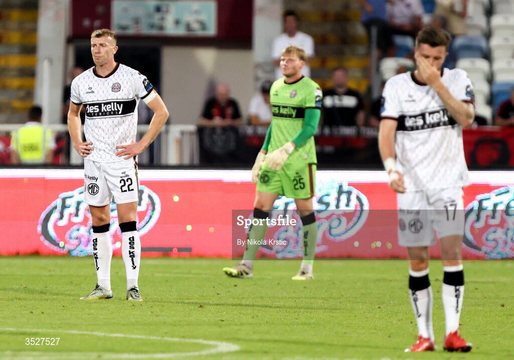 30 July 2026; Bohemians players, from left, Sam Todd, goalkeeper Paul Walters and Adam McDonnell react after their side concede a first goal during the UEFA Conference League Second Qualifying Round second leg match between Ballkani and Bohemians at Fadil Vokrri Stadium in Pristina, Kosovo. Photo by Nikola Krstic/Sportsfile
