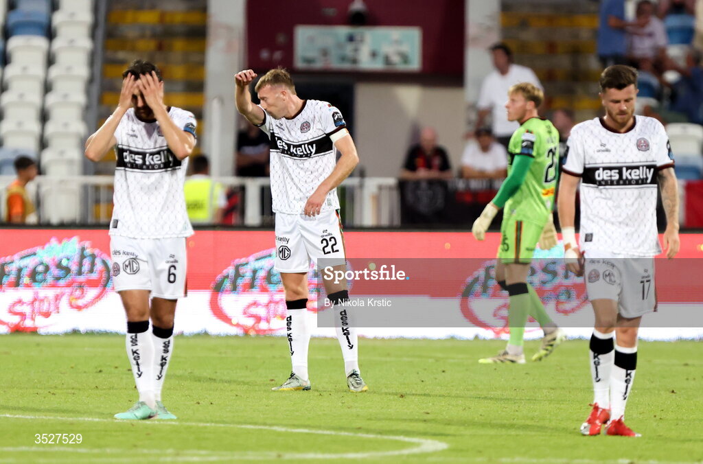 30 July 2026; Bohemians players, from left, Jordan Flores, Sam Todd, goalkeeper Paul Walters and Adam McDonnell react after their side concede a first goal during the UEFA Conference League Second Qualifying Round second leg match between Ballkani and Bohemians at Fadil Vokrri Stadium in Pristina, Kosovo. Photo by Nikola Krstic/Sportsfile