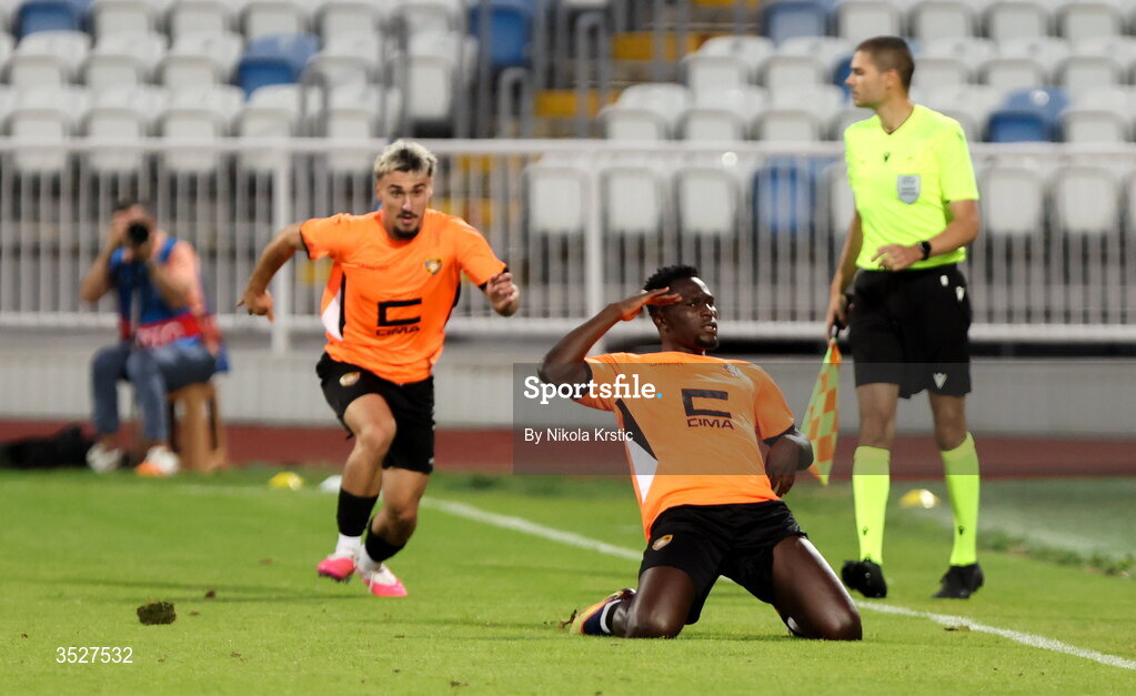 30 July 2026; Valentin Serebe of Ballkani, right, celebrates after scoring their side's first goal during the UEFA Conference League Second Qualifying Round second leg match between Ballkani and Bohemians at Fadil Vokrri Stadium in Pristina, Kosovo. Photo by Nikola Krstic/Sportsfile