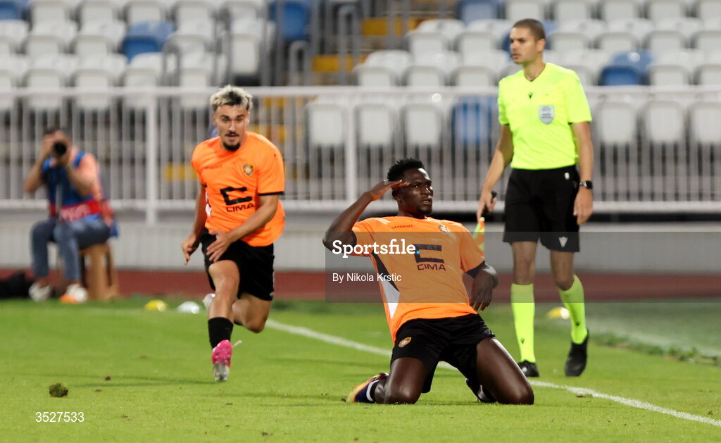30 July 2026; Valentin Serebe of Ballkani, right, celebrates after scoring their side's first goal during the UEFA Conference League Second Qualifying Round second leg match between Ballkani and Bohemians at Fadil Vokrri Stadium in Pristina, Kosovo. Photo by Nikola Krstic/Sportsfile